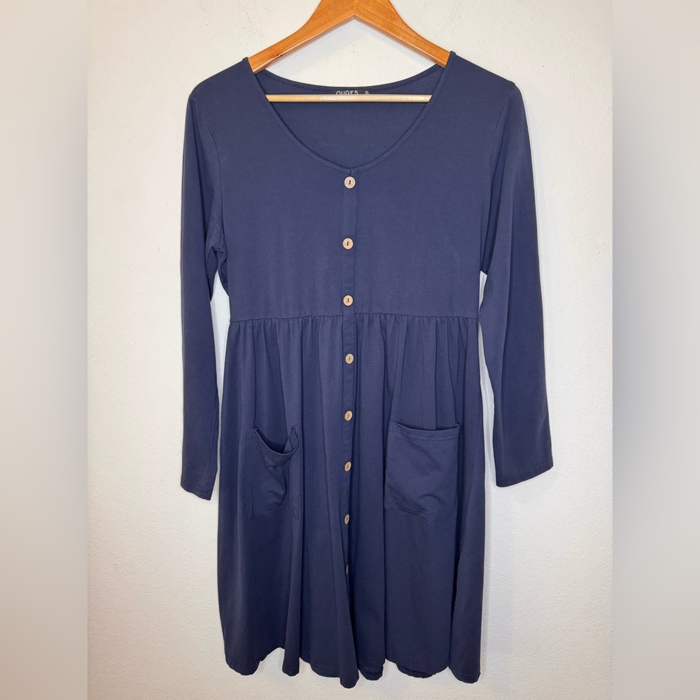 NEW Amazon OUGES Cotton Blue Button-Down Dress with Pockets XL
